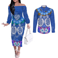 Polynesian Valentine Day Couples Matching Off The Shoulder Long Sleeve Dress and Long Sleeve Button Shirt Love Couple Turtle Maori Hibiscus Blue LT03 Blue - Polynesian Pride