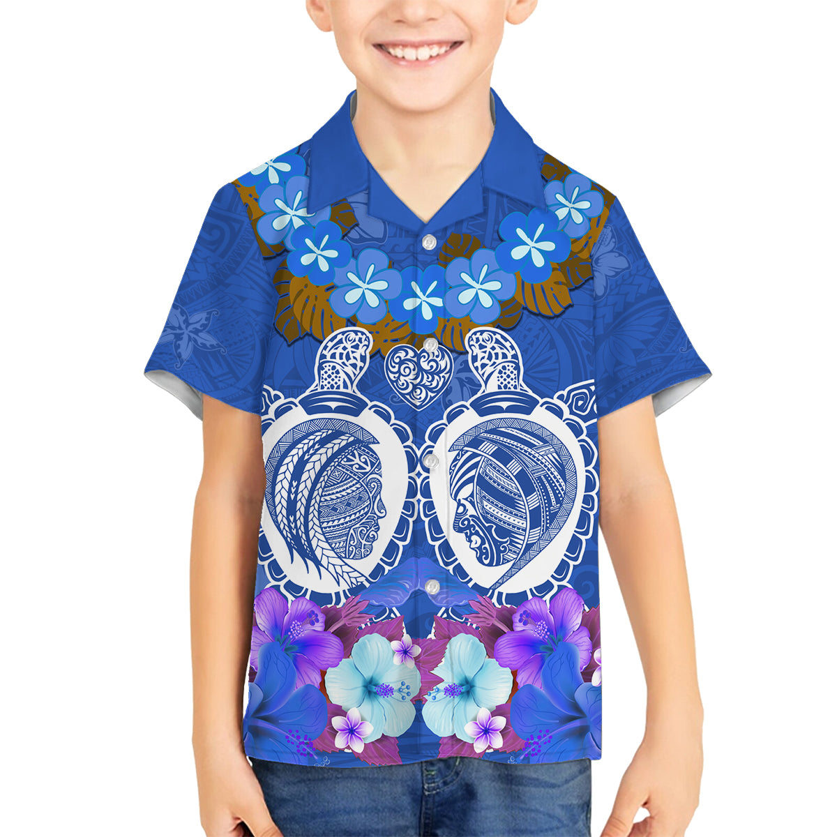 Polynesian Valentine Day Family Matching Off Shoulder Long Sleeve Dress and Hawaiian Shirt Love Couple Turtle Maori Hibiscus Blue LT03 Son's Shirt Blue - Polynesian Pride
