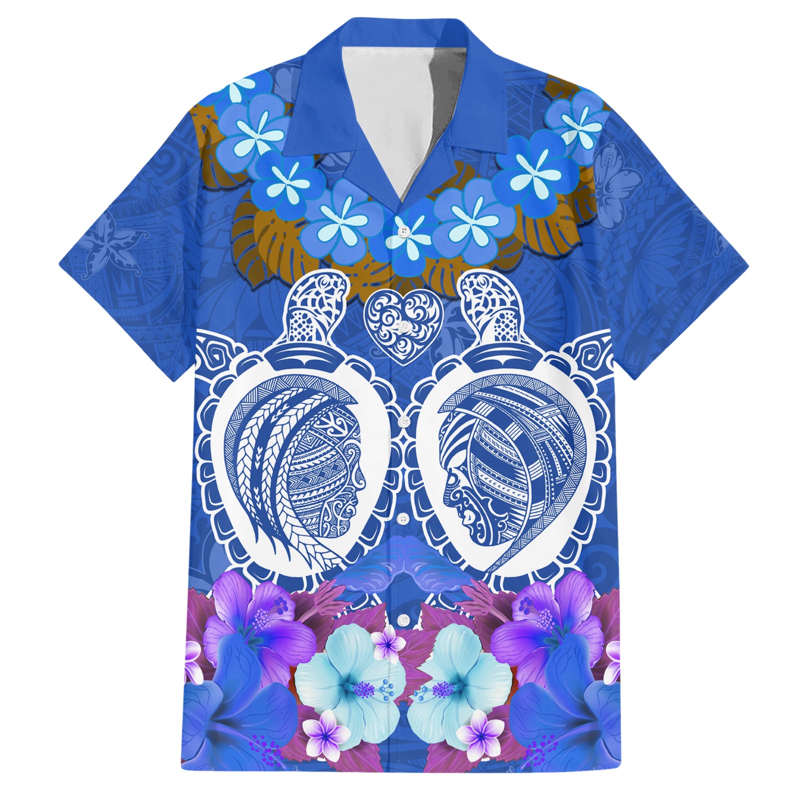 Polynesian Valentine Day Hawaiian Shirt Love Couple Turtle Maori Hibiscus Blue LT03 Blue - Polynesian Pride