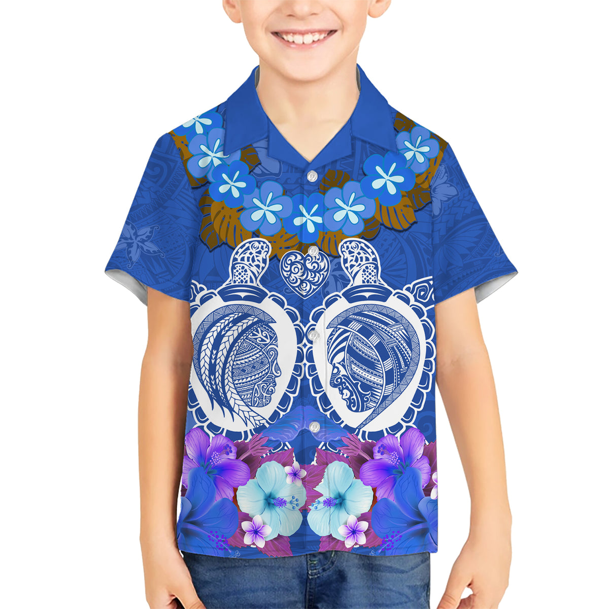 Polynesian Valentine Day Kid Hawaiian Shirt Love Couple Turtle Maori Hibiscus Blue LT03 Kid Blue - Polynesian Pride