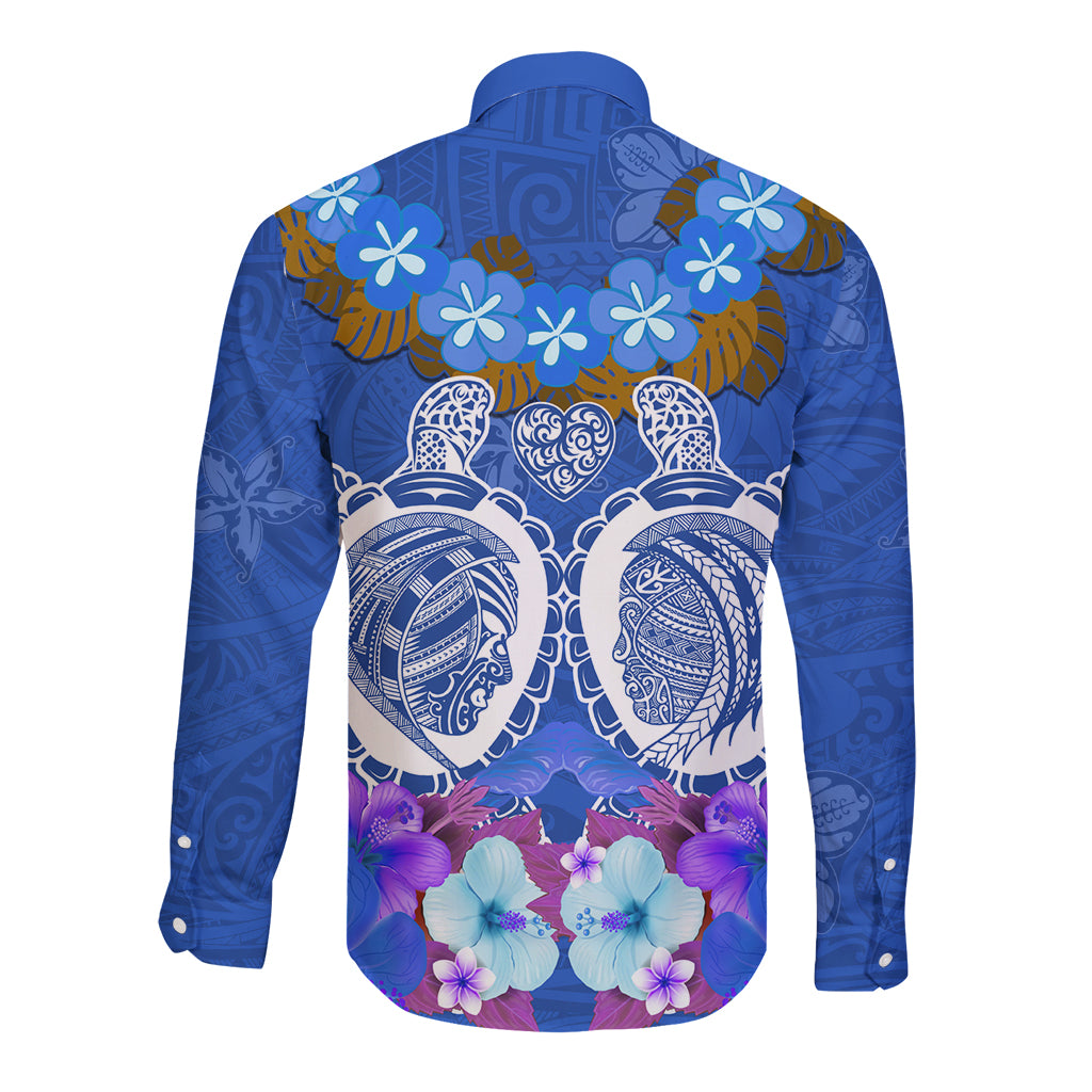 Polynesian Valentine Day Long Sleeve Button Shirt Love Couple Turtle Maori Hibiscus Blue LT03 - Polynesian Pride