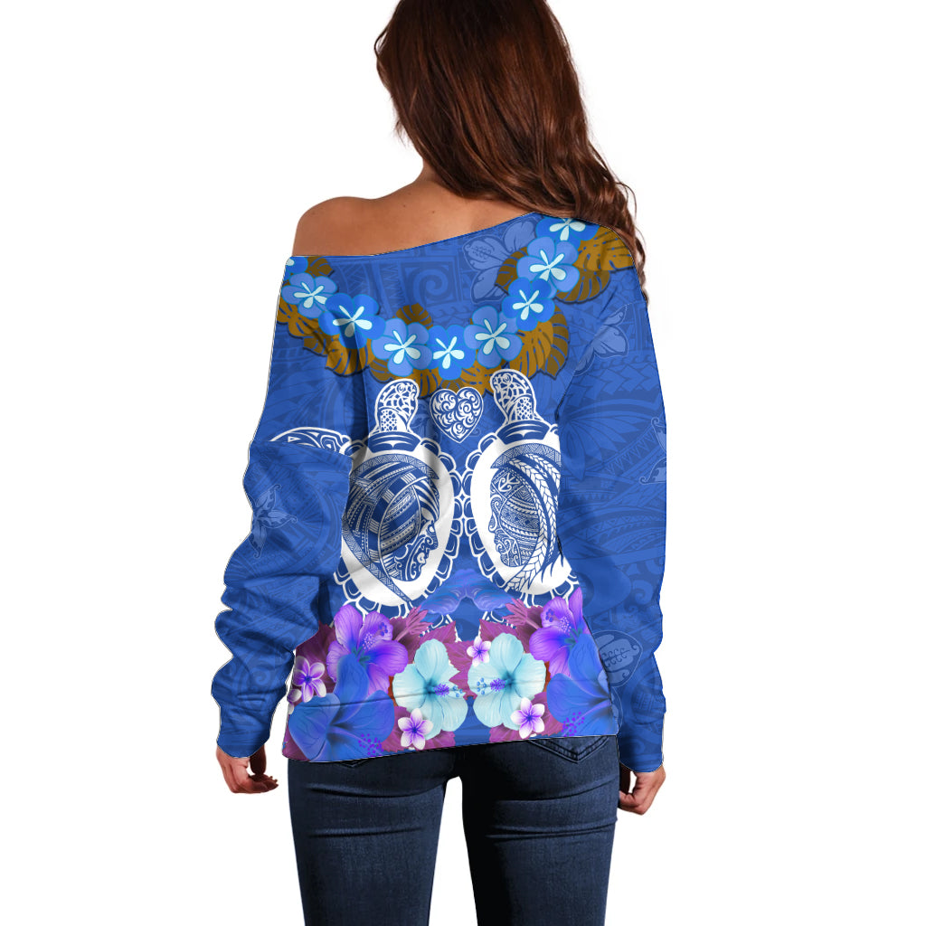 Polynesian Valentine Day Off Shoulder Sweater Love Couple Turtle Maori Hibiscus Blue LT03 - Polynesian Pride