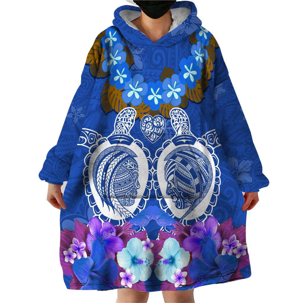 Polynesian Valentine Day Wearable Blanket Hoodie Love Couple Turtle Maori Hibiscus Blue LT03 - Polynesian Pride