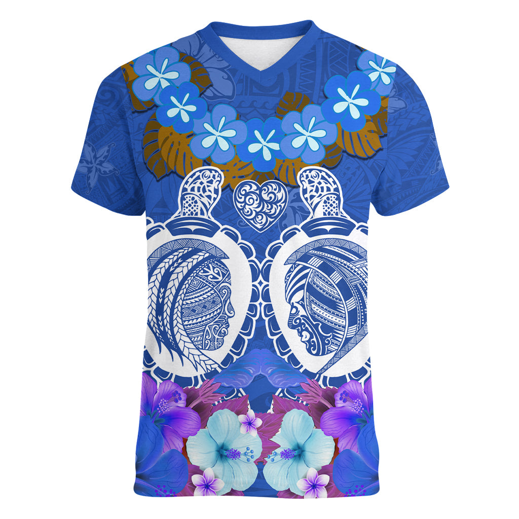 Polynesian Valentine Day Women V Neck T Shirt Love Couple Turtle Maori Hibiscus Blue LT03 Female Blue - Polynesian Pride