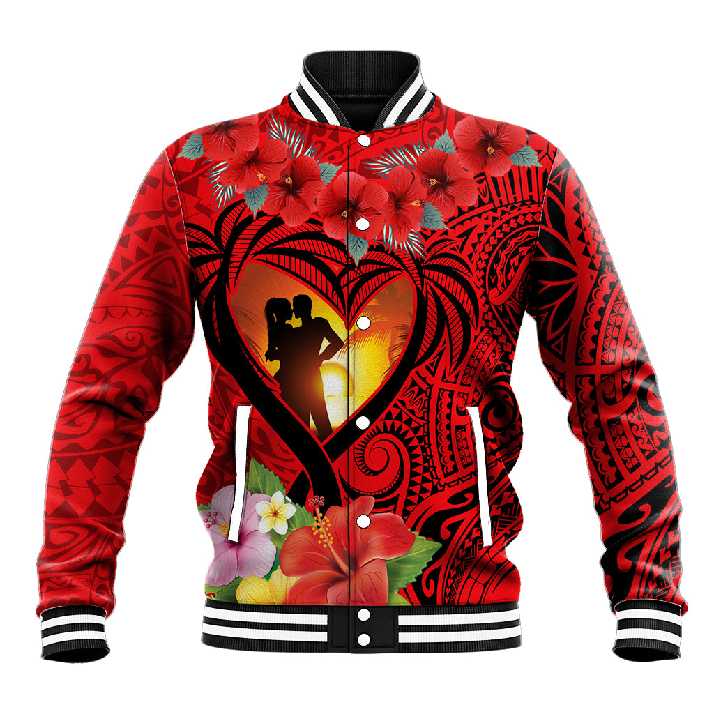 Hawaii Valentine Day Baseball Jacket Couple on Beach mix Hibiscus and Polynesian Tattoo LT03 Unisex Red - Polynesian Pride