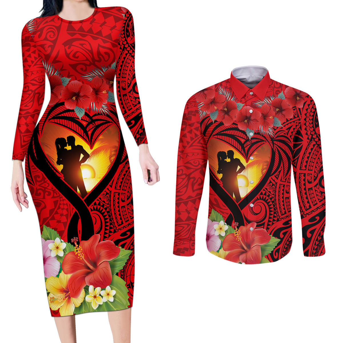 Hawaii Valentine Day Couples Matching Long Sleeve Bodycon Dress and Long Sleeve Button Shirt Couple on Beach mix Hibiscus and Polynesian Tattoo LT03 Red - Polynesian Pride
