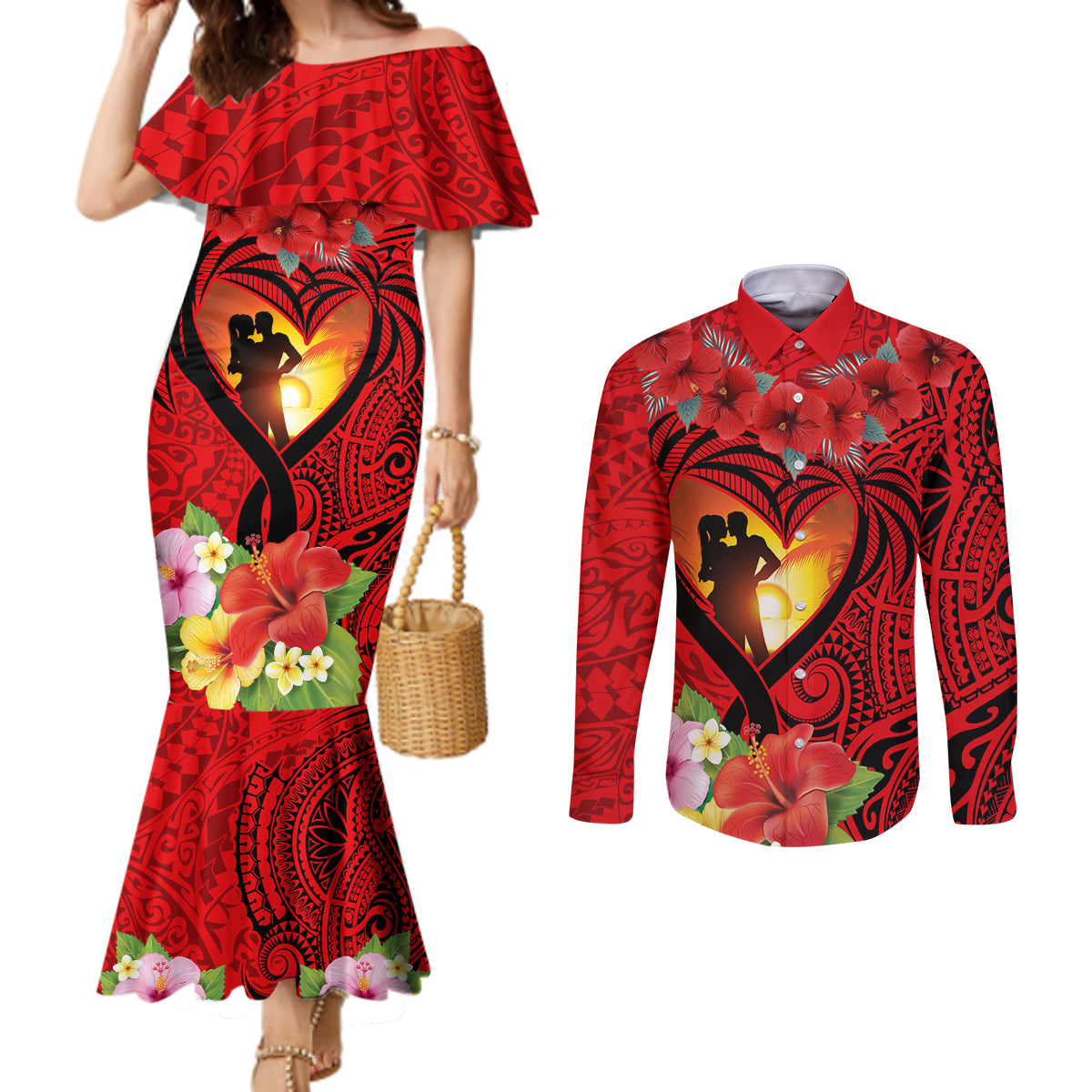 Hawaii Valentine Day Couples Matching Mermaid Dress and Long Sleeve Button Shirt Couple on Beach mix Hibiscus and Polynesian Tattoo LT03 Red - Polynesian Pride