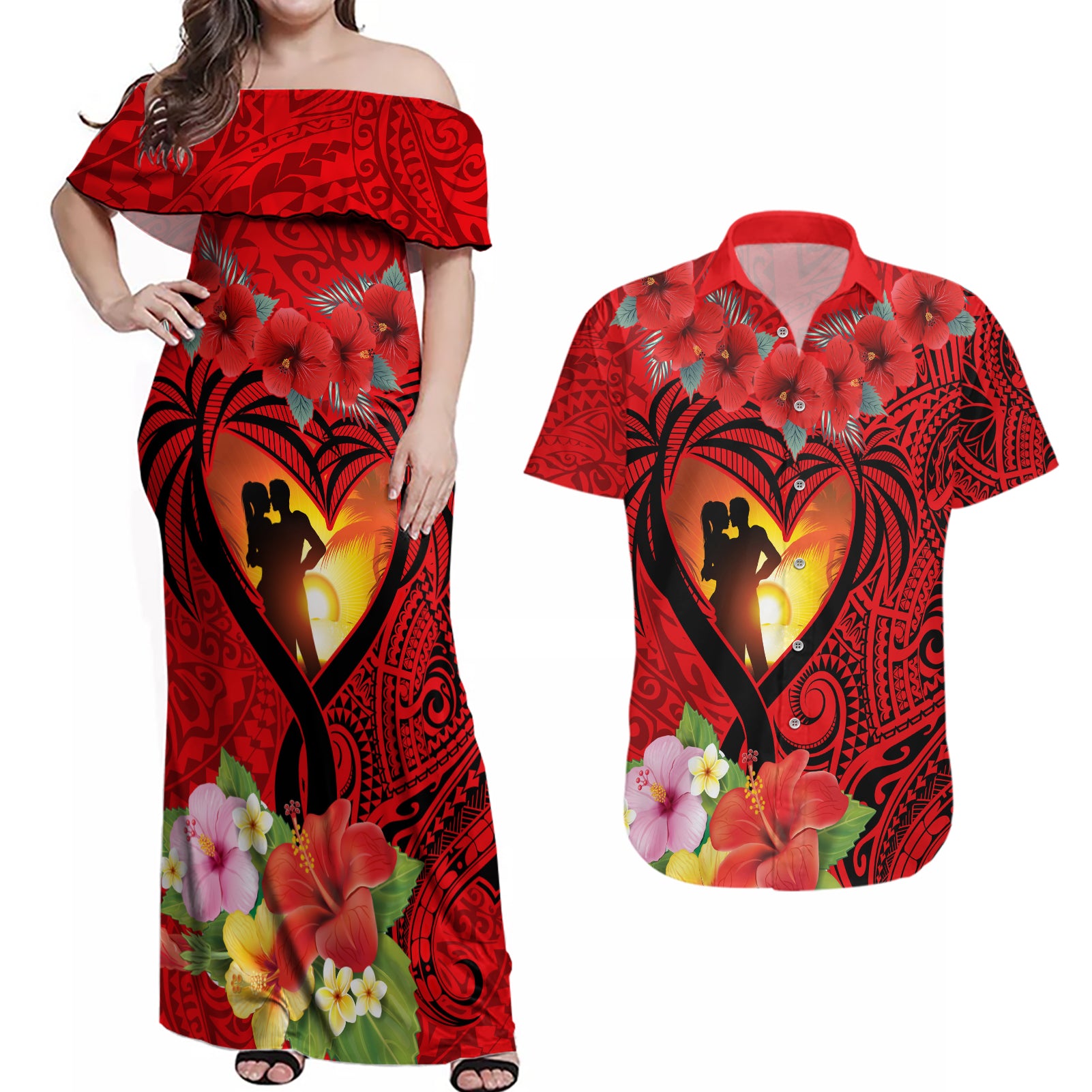 Hawaii Valentine Day Couples Matching Off Shoulder Maxi Dress and Hawaiian Shirt Couple on Beach mix Hibiscus and Polynesian Tattoo LT03 Red - Polynesian Pride