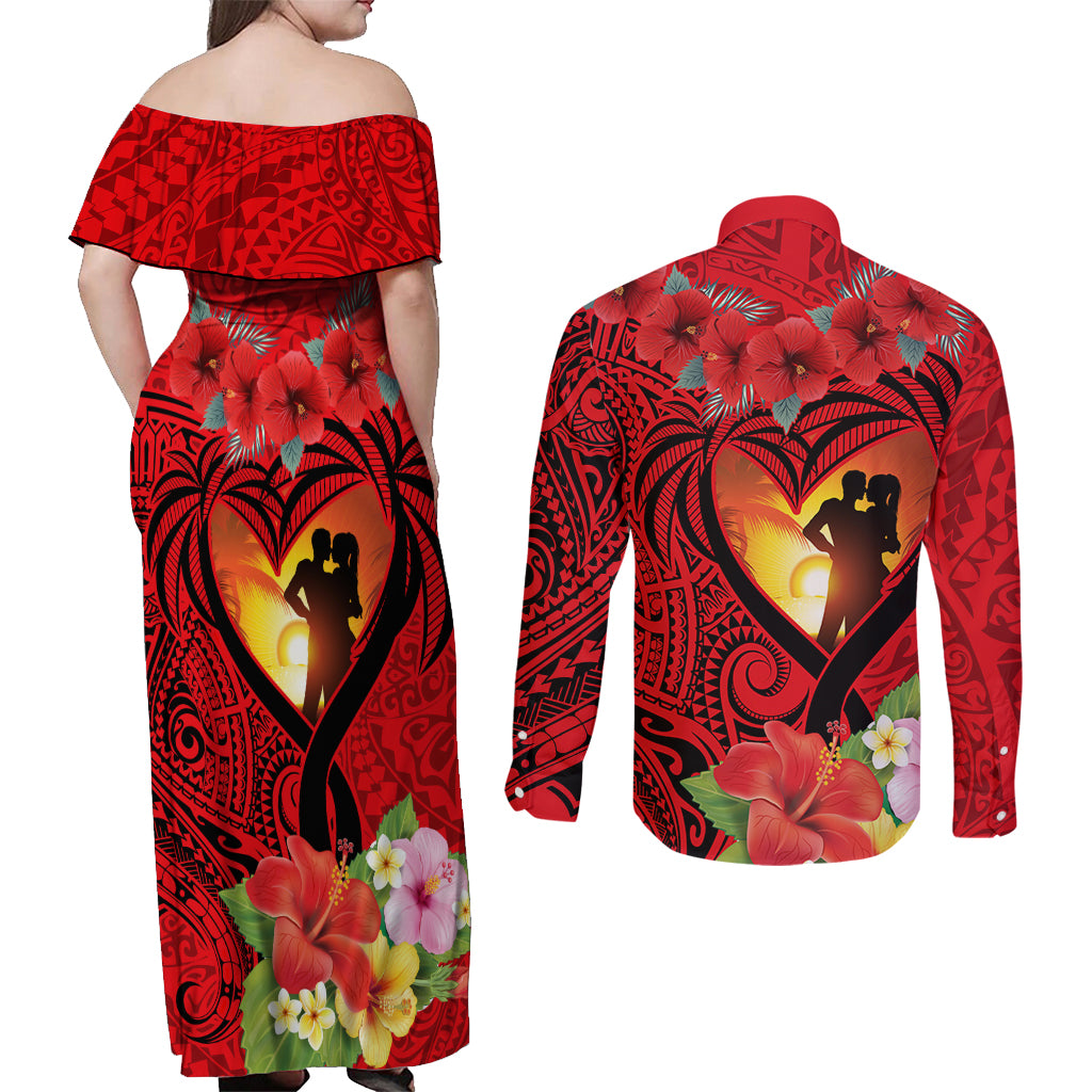Hawaii Valentine Day Couples Matching Off Shoulder Maxi Dress and Long Sleeve Button Shirt Couple on Beach mix Hibiscus and Polynesian Tattoo LT03 - Polynesian Pride