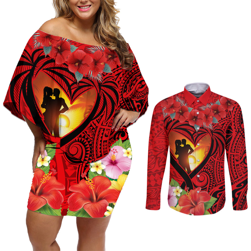 Hawaii Valentine Day Couples Matching Off Shoulder Short Dress and Long Sleeve Button Shirt Couple on Beach mix Hibiscus and Polynesian Tattoo LT03 Red - Polynesian Pride