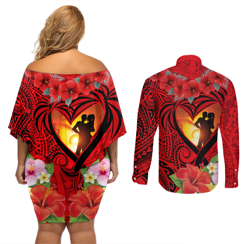 Hawaii Valentine Day Couples Matching Off Shoulder Short Dress and Long Sleeve Button Shirt Couple on Beach mix Hibiscus and Polynesian Tattoo LT03 - Polynesian Pride