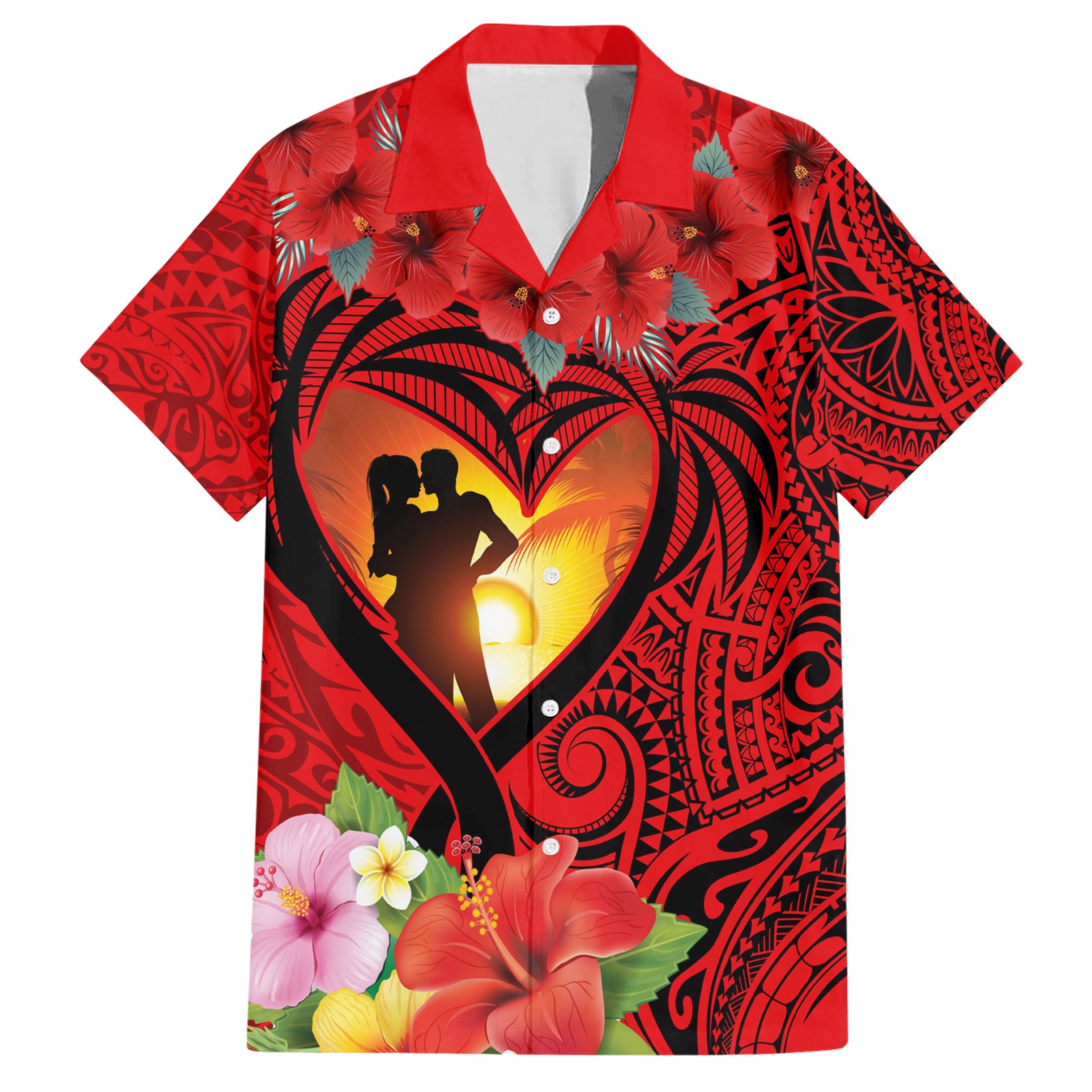 Hawaii Valentine Day Hawaiian Shirt Couple on Beach mix Hibiscus and Polynesian Tattoo LT03 Red - Polynesian Pride