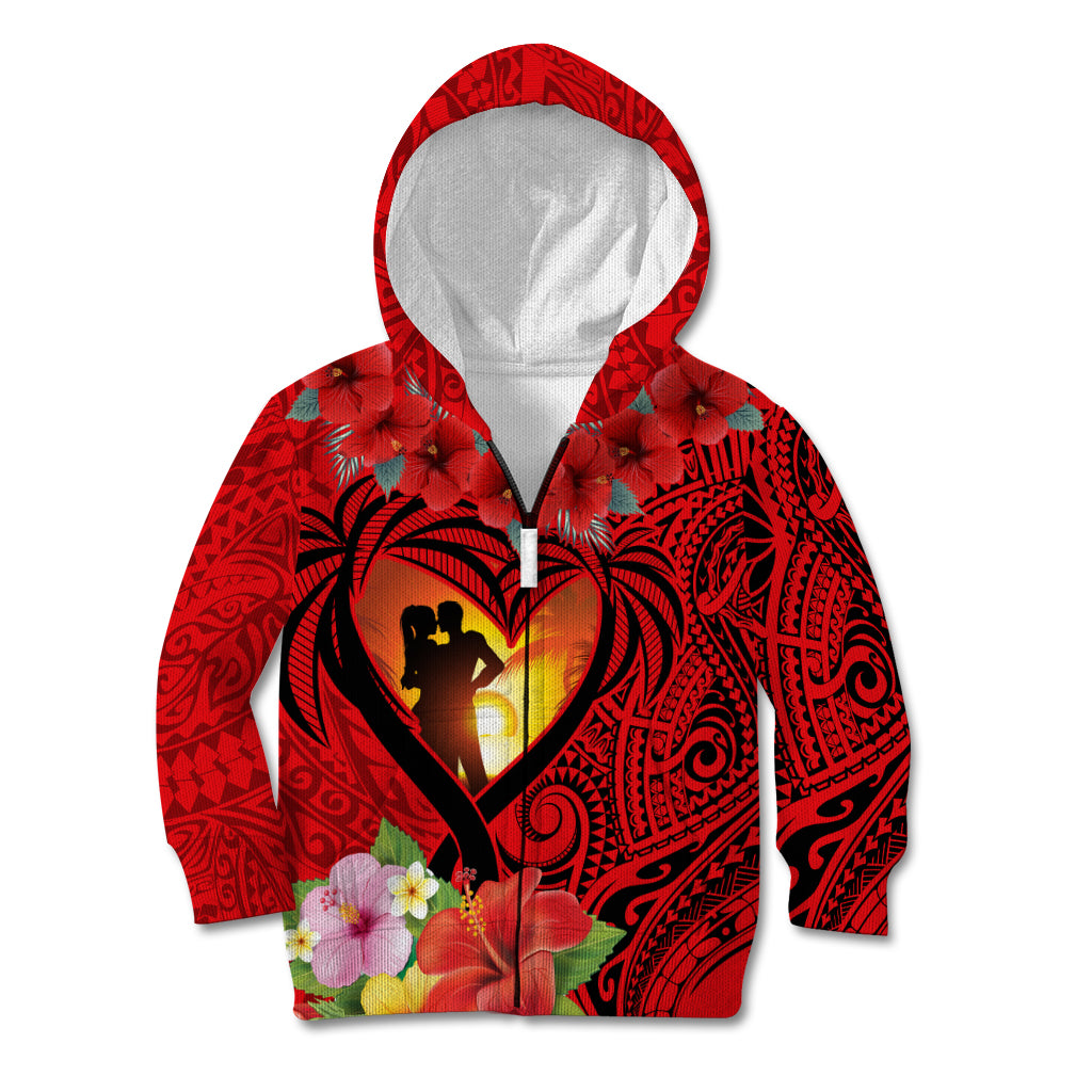 Hawaii Valentine Day Kid Hoodie Couple on Beach mix Hibiscus and Polynesian Tattoo LT03 Zip Hoodie Red - Polynesian Pride