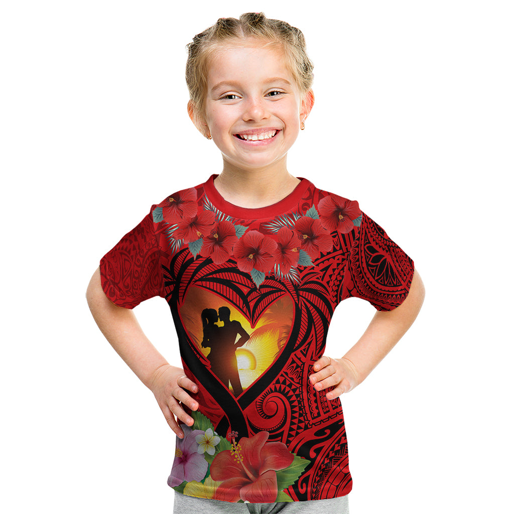 Hawaii Valentine Day Kid T Shirt Couple on Beach mix Hibiscus and Polynesian Tattoo LT03 Red - Polynesian Pride