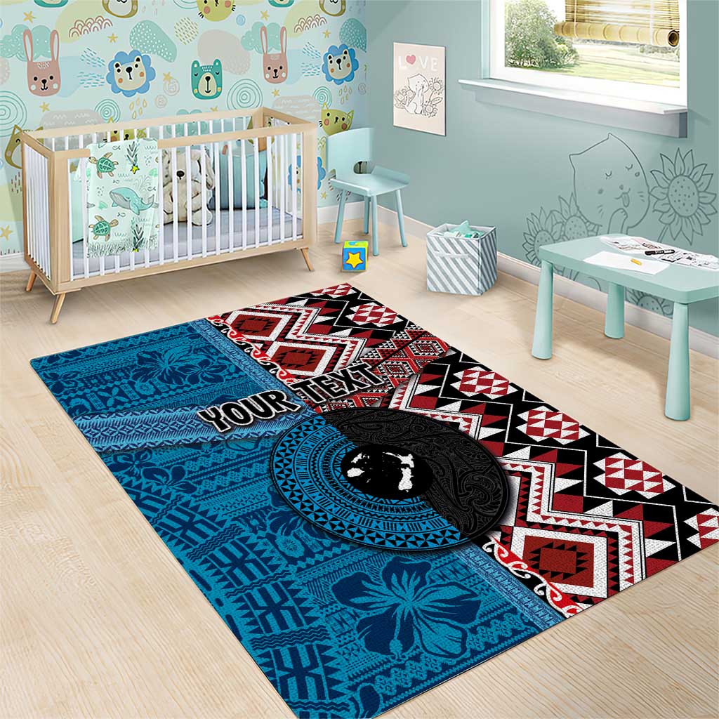 Personalised Aotearoa and Fiji Together Area Rug Melanesian Warrior and Koru - Taniko with Hibiscus Tapa Pattern