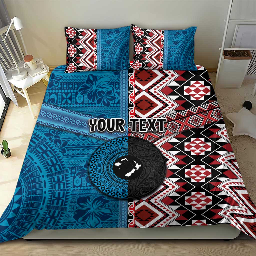 Personalised Aotearoa and Fiji Together Bedding Set Melanesian Warrior and Koru - Taniko with Hibiscus Tapa Pattern