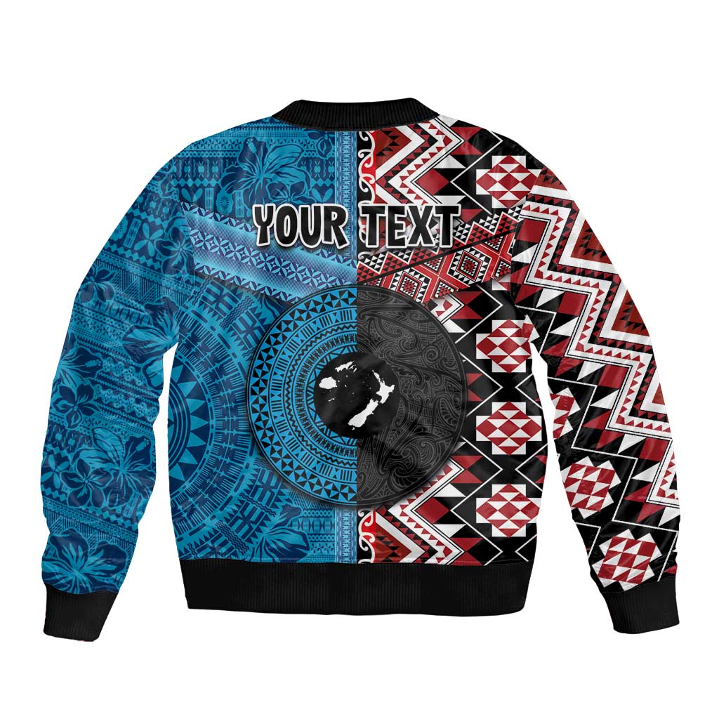 Personalised Aotearoa and Fiji Together Bomber Jacket Melanesian Warrior and Koru - Taniko with Hibiscus Tapa Pattern
