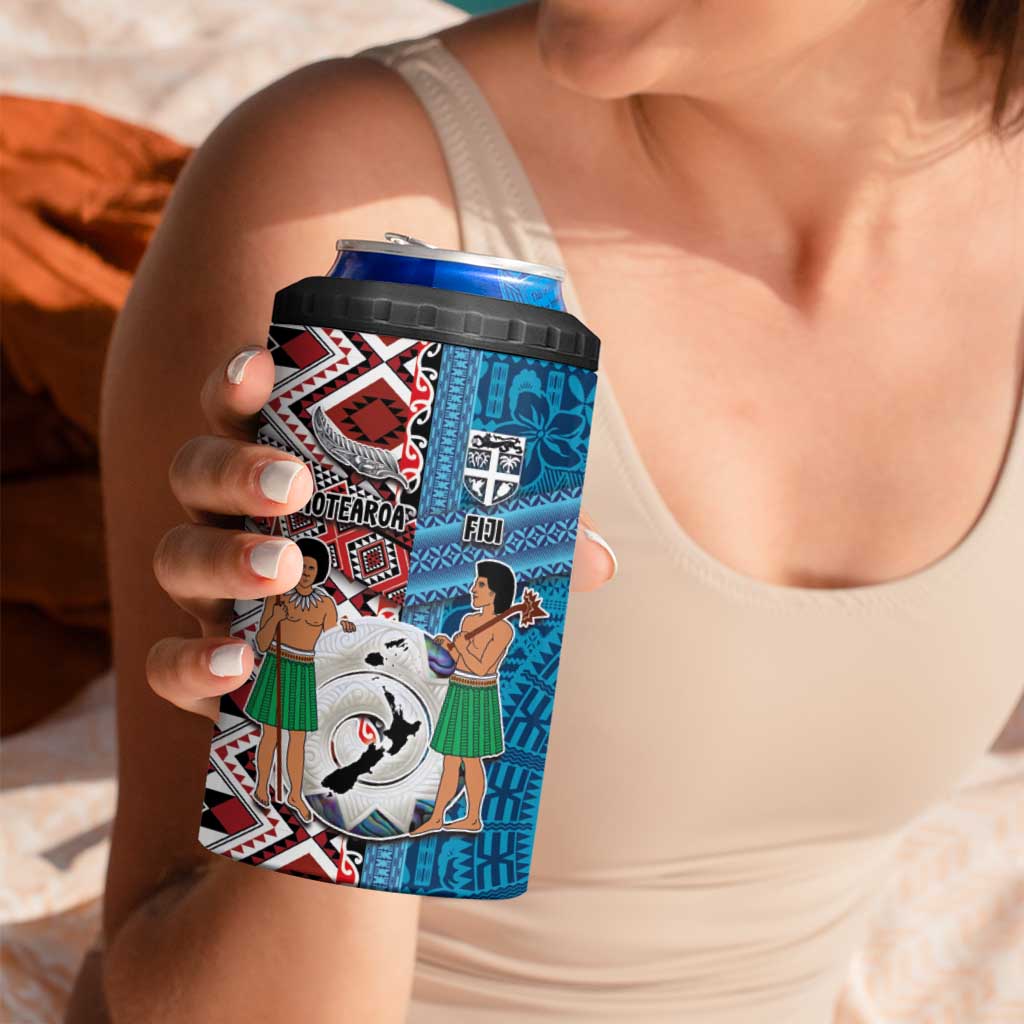 Personalised Aotearoa and Fiji Together 4 in 1 Can Cooler Tumbler Melanesian Warrior and Koru - Taniko with Hibiscus Tapa Pattern