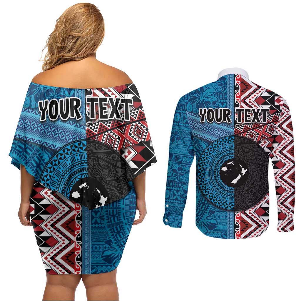 Personalised Aotearoa and Fiji Together Couples Matching Off Shoulder Short Dress and Long Sleeve Button Shirt Melanesian Warrior and Koru - Taniko with Hibiscus Tapa Pattern