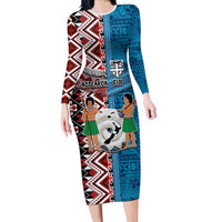 Personalised Aotearoa and Fiji Together Family Matching Long Sleeve Bodycon Dress and Hawaiian Shirt Melanesian Warrior and Koru - Taniko with Hibiscus Tapa Pattern