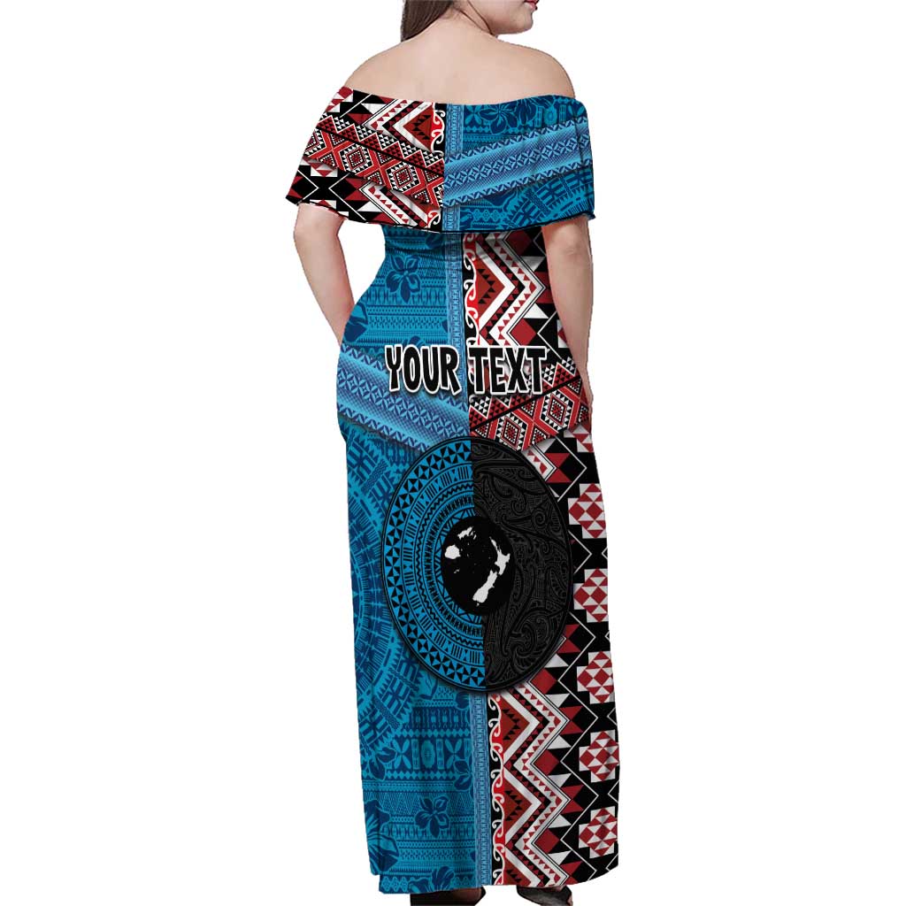 Personalised Aotearoa and Fiji Together Family Matching Off Shoulder Maxi Dress and Hawaiian Shirt Melanesian Warrior and Koru - Taniko with Hibiscus Tapa Pattern