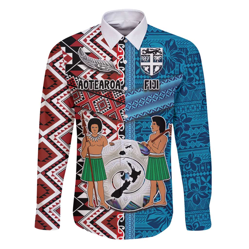 Personalised Aotearoa and Fiji Together Family Matching Puletasi and Hawaiian Shirt Melanesian Warrior and Koru - Taniko with Hibiscus Tapa Pattern