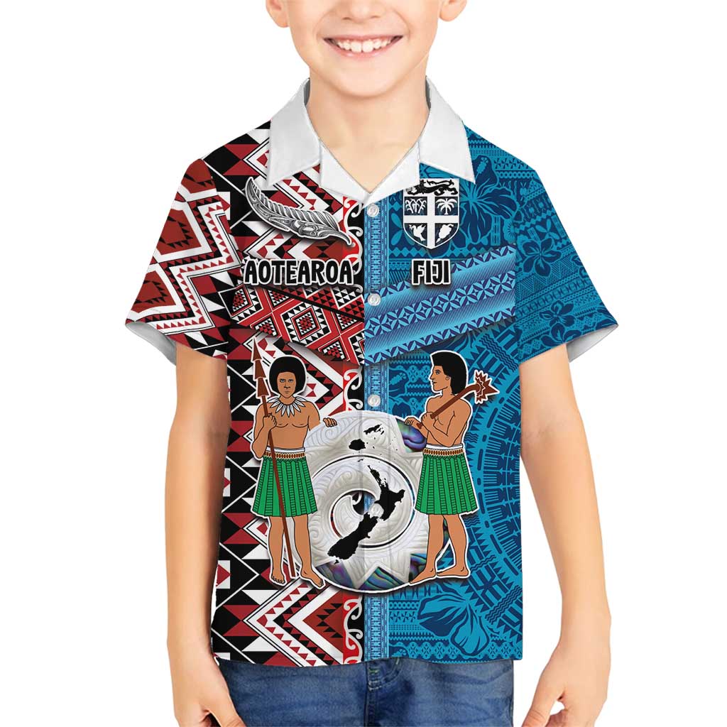 Personalised Aotearoa and Fiji Together Family Matching Puletasi and Hawaiian Shirt Melanesian Warrior and Koru - Taniko with Hibiscus Tapa Pattern