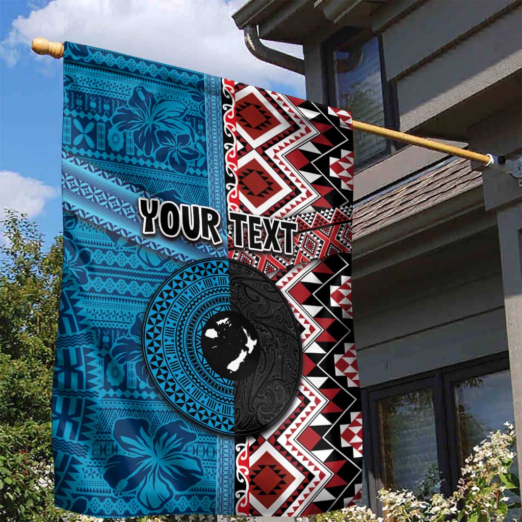 Personalised Aotearoa and Fiji Together Garden Flag Melanesian Warrior and Koru - Taniko with Hibiscus Tapa Pattern