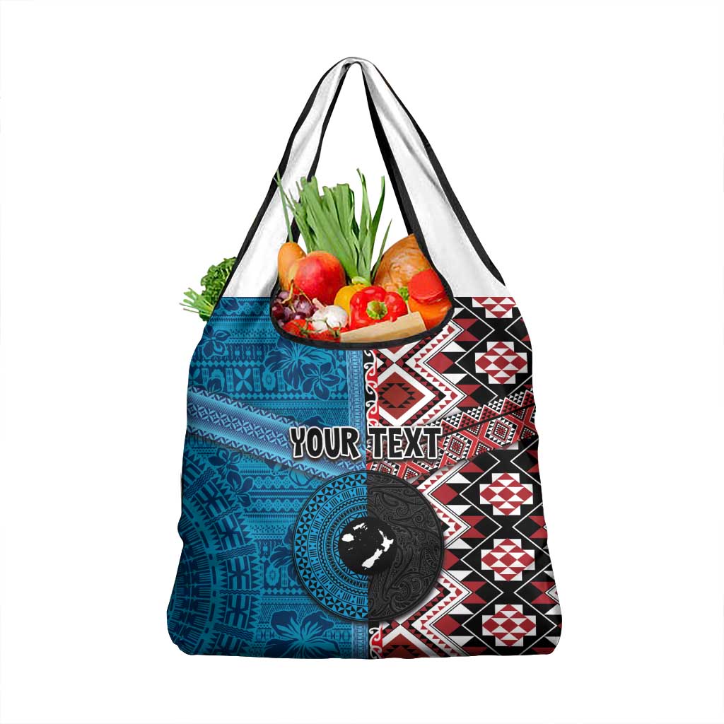 Personalised Aotearoa and Fiji Together Grocery Bag Melanesian Warrior and Koru - Taniko with Hibiscus Tapa Pattern