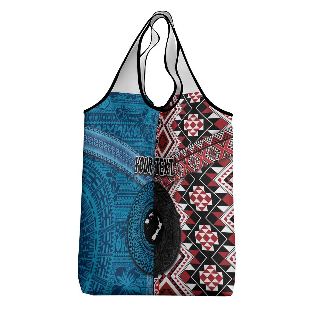 Personalised Aotearoa and Fiji Together Grocery Bag Melanesian Warrior and Koru - Taniko with Hibiscus Tapa Pattern