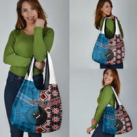 Personalised Aotearoa and Fiji Together Grocery Bag Melanesian Warrior and Koru - Taniko with Hibiscus Tapa Pattern