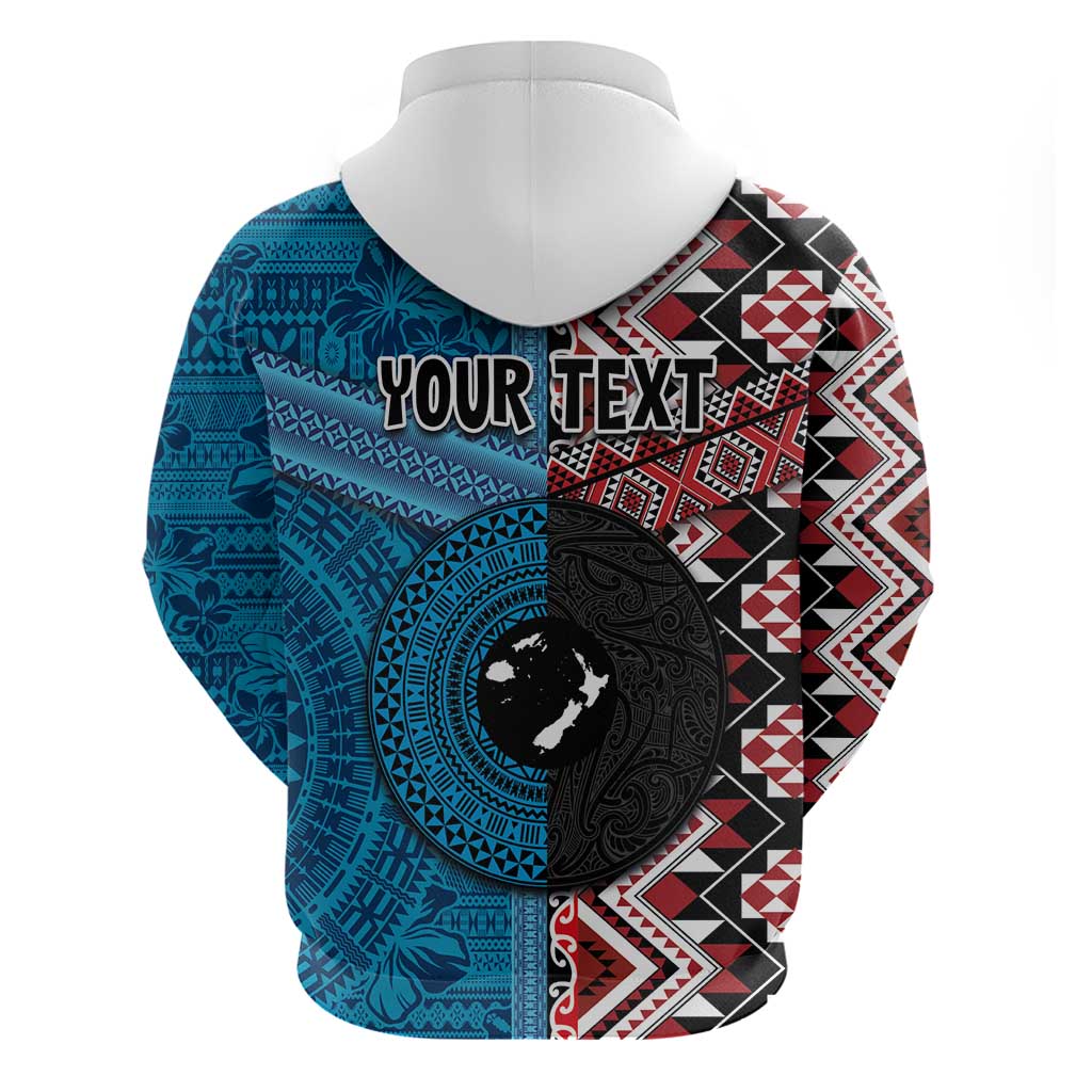 Personalised Aotearoa and Fiji Together Hoodie Melanesian Warrior and Koru - Taniko with Hibiscus Tapa Pattern