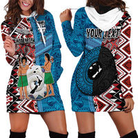 Personalised Aotearoa and Fiji Together Hoodie Dress Melanesian Warrior and Koru - Taniko with Hibiscus Tapa Pattern LT03 - Polynesian Pride