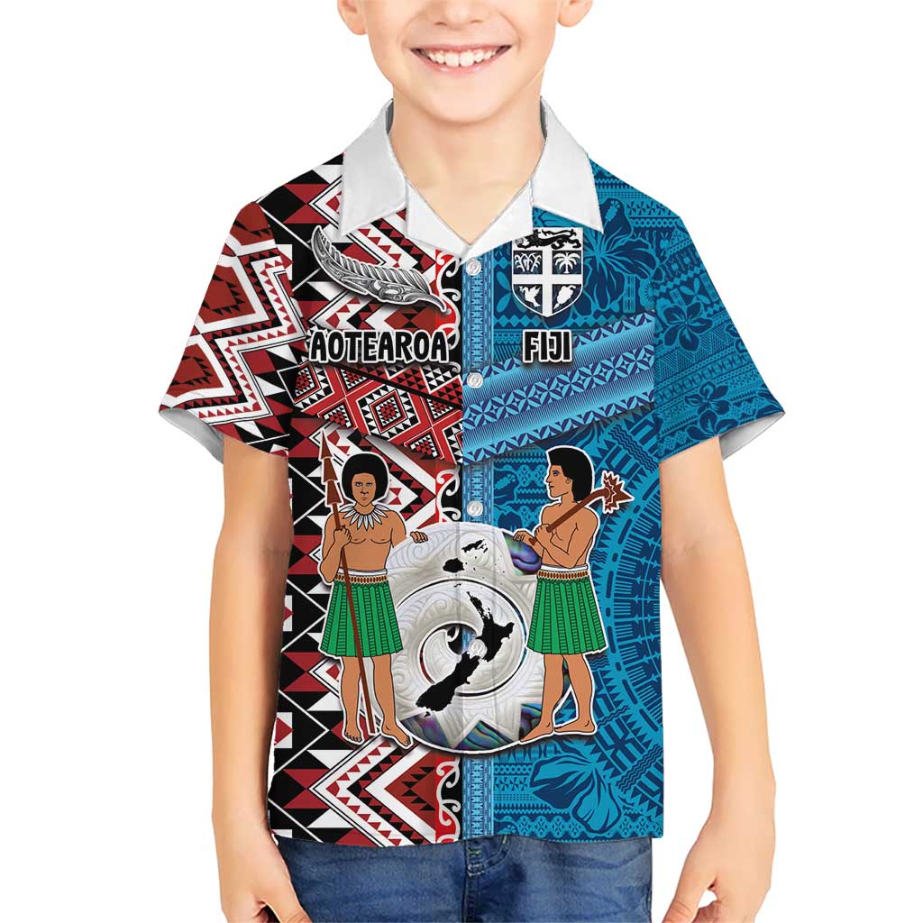 Personalised Aotearoa and Fiji Together Kid Hawaiian Shirt Melanesian Warrior and Koru - Taniko with Hibiscus Tapa Pattern
