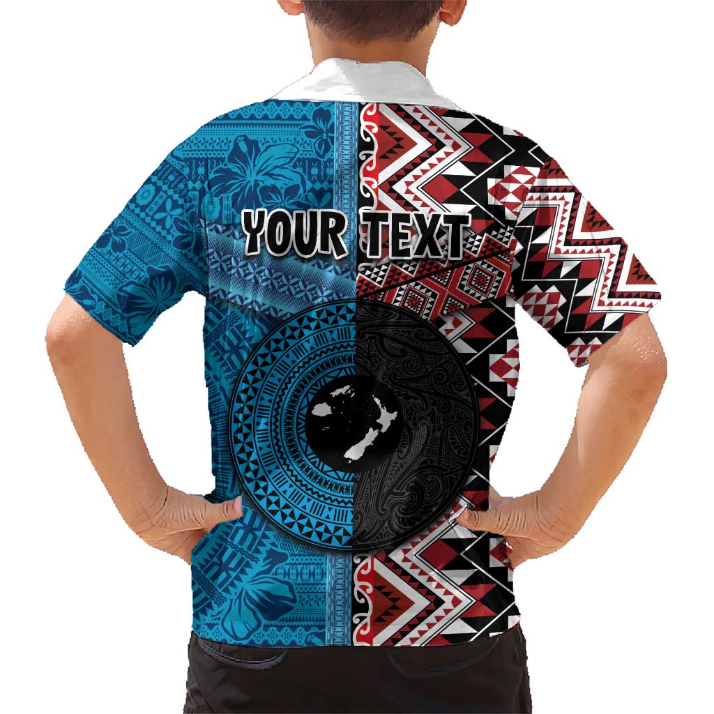 Personalised Aotearoa and Fiji Together Kid Hawaiian Shirt Melanesian Warrior and Koru - Taniko with Hibiscus Tapa Pattern