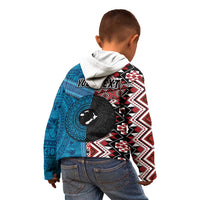 Personalised Aotearoa and Fiji Together Kid Hoodie Melanesian Warrior and Koru - Taniko with Hibiscus Tapa Pattern