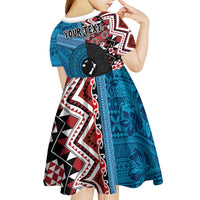 Personalised Aotearoa and Fiji Together Kid Short Sleeve Dress Melanesian Warrior and Koru - Taniko with Hibiscus Tapa Pattern