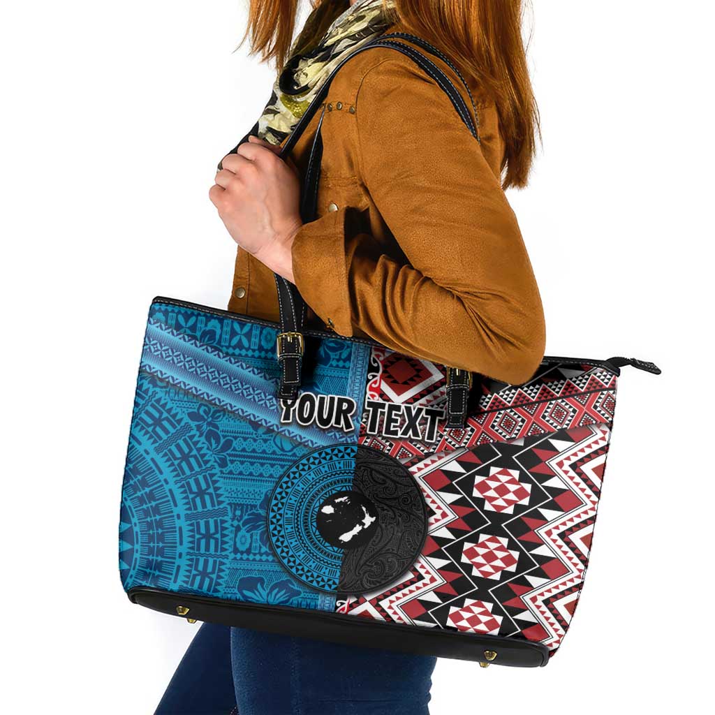Personalised Aotearoa and Fiji Together Leather Tote Bag Melanesian Warrior and Koru - Taniko with Hibiscus Tapa Pattern