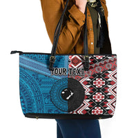 Personalised Aotearoa and Fiji Together Leather Tote Bag Melanesian Warrior and Koru - Taniko with Hibiscus Tapa Pattern