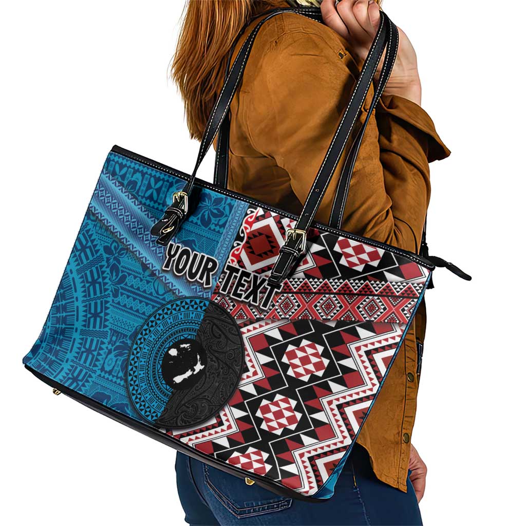 Personalised Aotearoa and Fiji Together Leather Tote Bag Melanesian Warrior and Koru - Taniko with Hibiscus Tapa Pattern