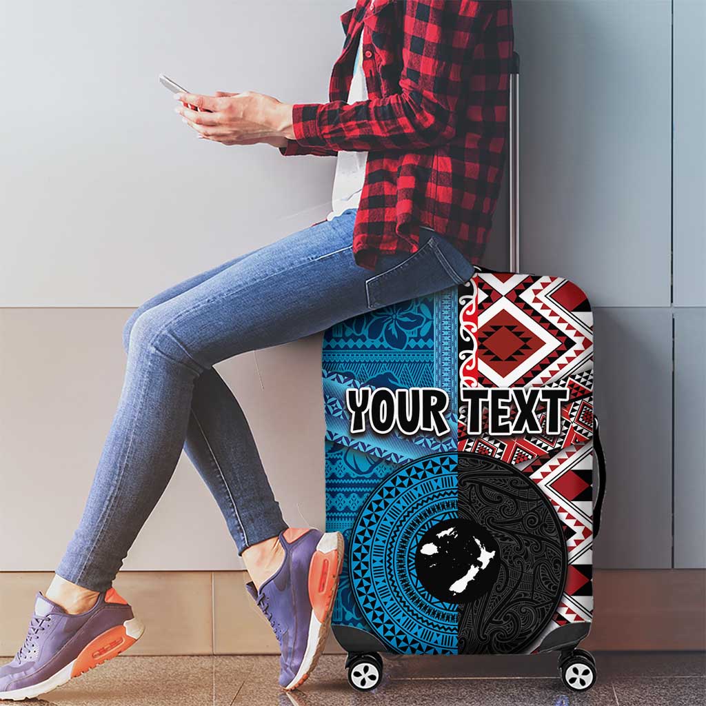 Personalised Aotearoa and Fiji Together Luggage Cover Melanesian Warrior and Koru - Taniko with Hibiscus Tapa Pattern