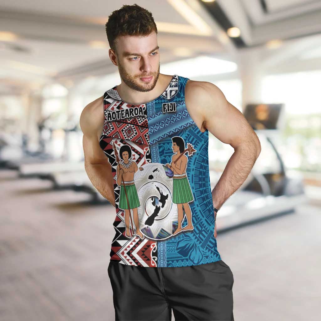 Personalised Aotearoa and Fiji Together Men Tank Top Melanesian Warrior and Koru - Taniko with Hibiscus Tapa Pattern