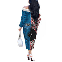 Personalised Aotearoa and Fiji Together Off The Shoulder Long Sleeve Dress Melanesian Warrior and Koru - Taniko with Hibiscus Tapa Pattern LT03 - Polynesian Pride