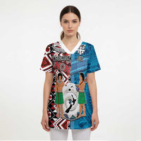 Personalised Aotearoa and Fiji Together Scrub Top Melanesian Warrior and Koru - Taniko with Hibiscus Tapa Pattern - Polynesian Pride