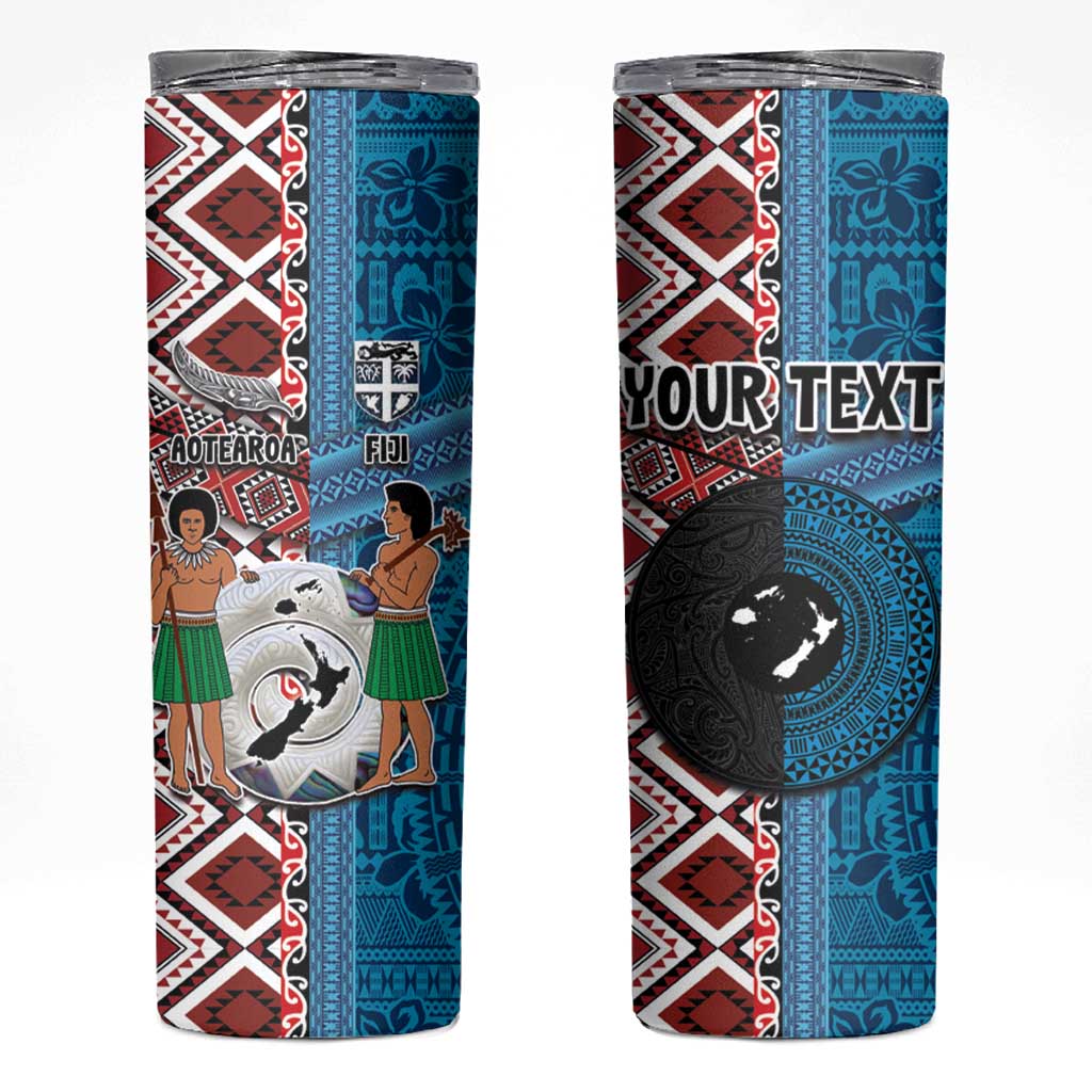Personalised Aotearoa and Fiji Together Skinny Tumbler Melanesian Warrior and Koru - Taniko with Hibiscus Tapa Pattern