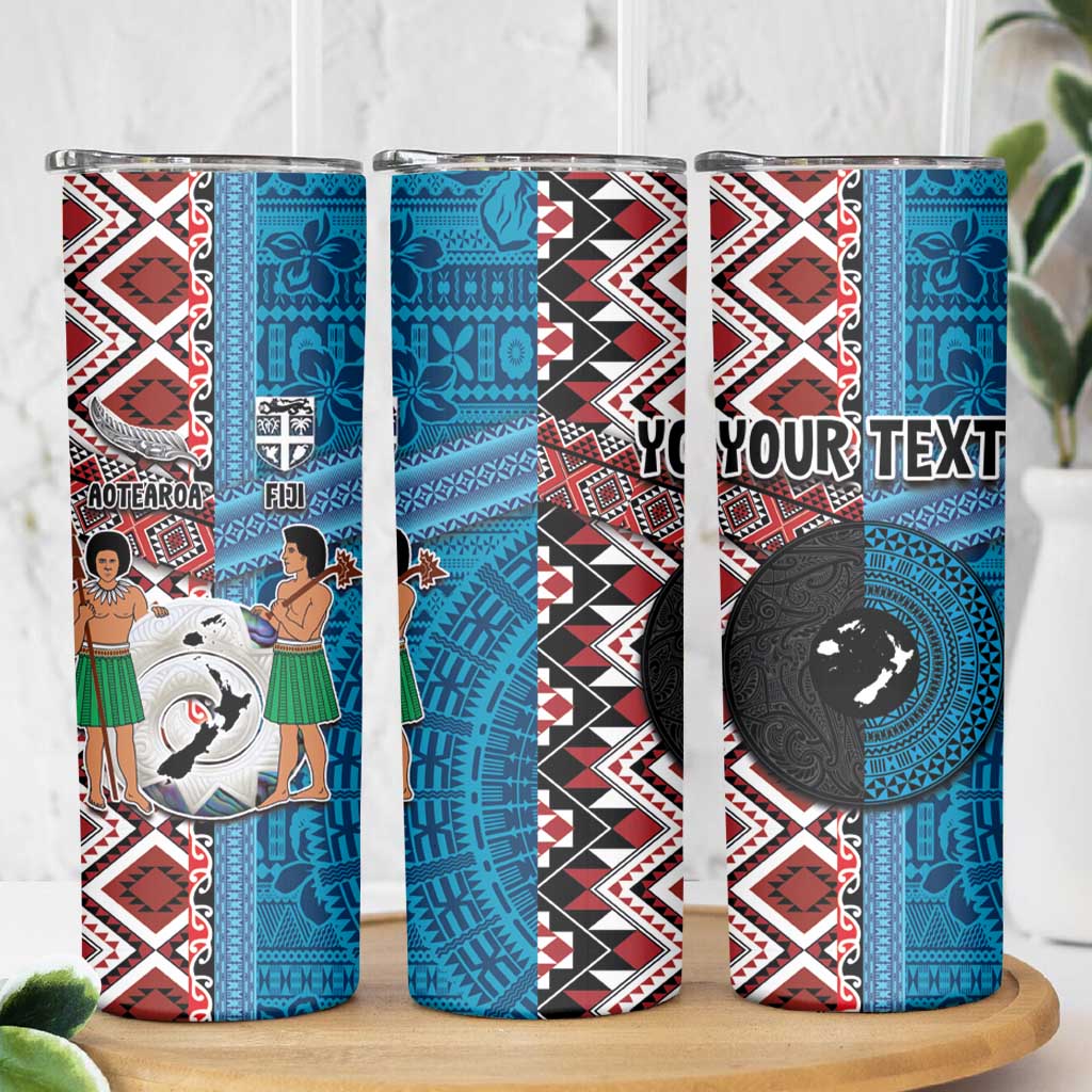 Personalised Aotearoa and Fiji Together Skinny Tumbler Melanesian Warrior and Koru - Taniko with Hibiscus Tapa Pattern LT03 - Polynesian Pride