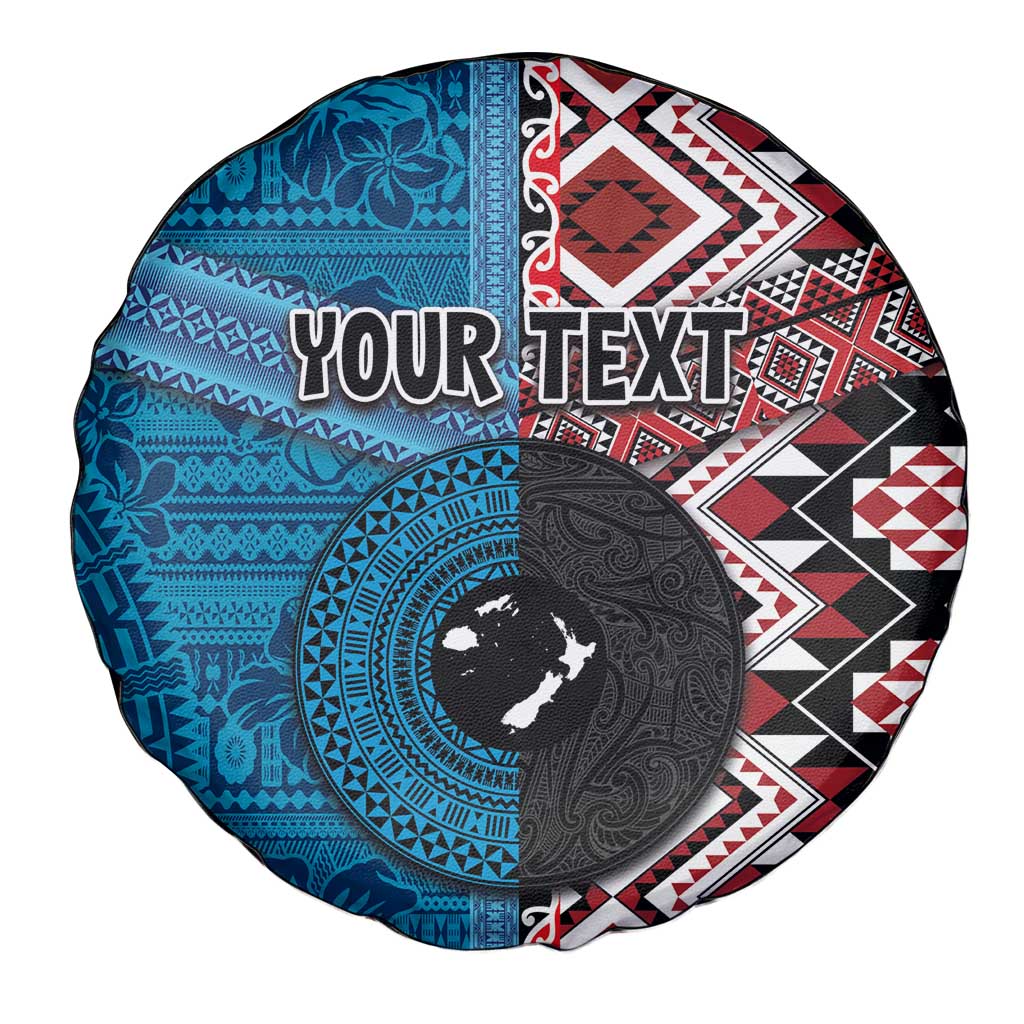 Personalised Aotearoa and Fiji Together Spare Tire Cover Melanesian Warrior and Koru - Taniko with Hibiscus Tapa Pattern