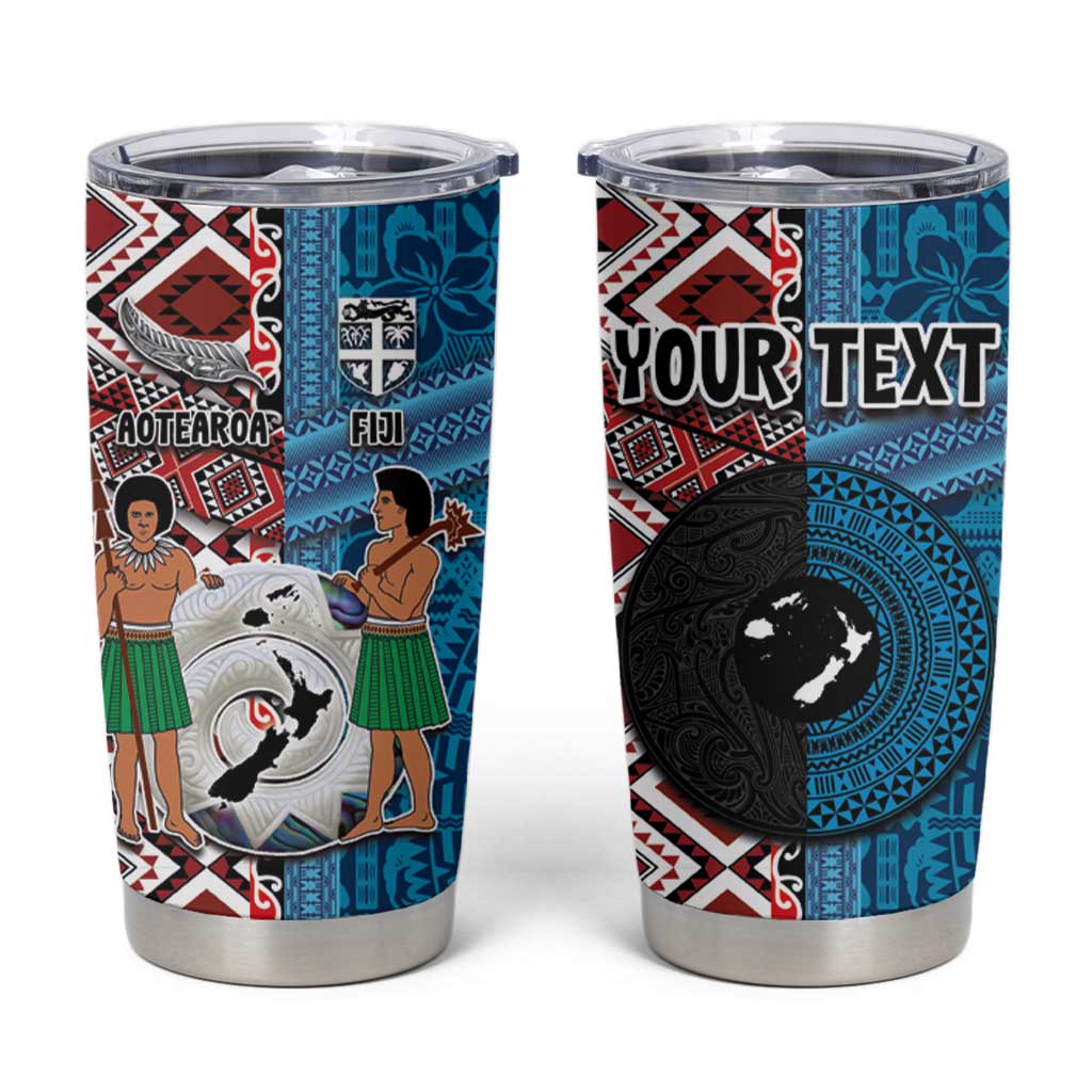 Personalised Aotearoa and Fiji Together Tumbler Cup Melanesian Warrior and Koru - Taniko with Hibiscus Tapa Pattern