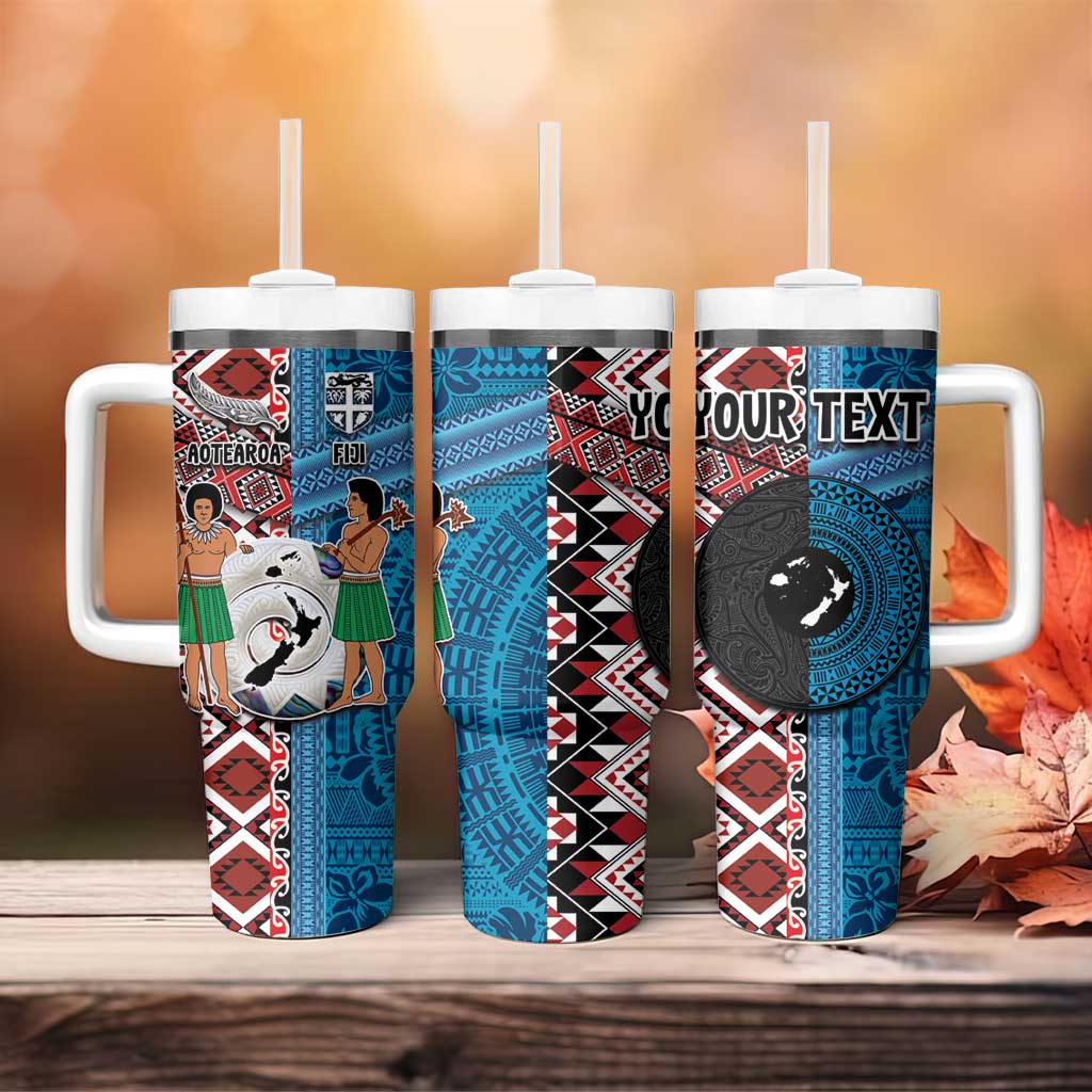 Personalised Aotearoa and Fiji Together Tumbler With Handle Melanesian Warrior and Koru - Taniko with Hibiscus Tapa Pattern