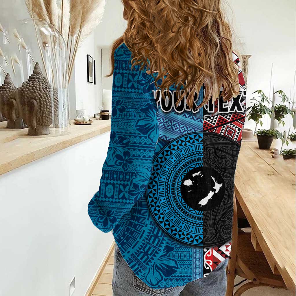 Personalised Aotearoa and Fiji Together Women Casual Shirt Melanesian Warrior and Koru - Taniko with Hibiscus Tapa Pattern LT03 - Polynesian Pride